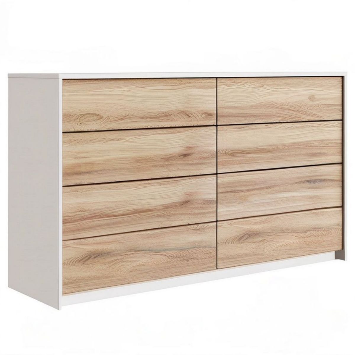 Kommode mit 8 Schubladen, 140 x 40 x 90 cm, Weiss und Eiche Natur