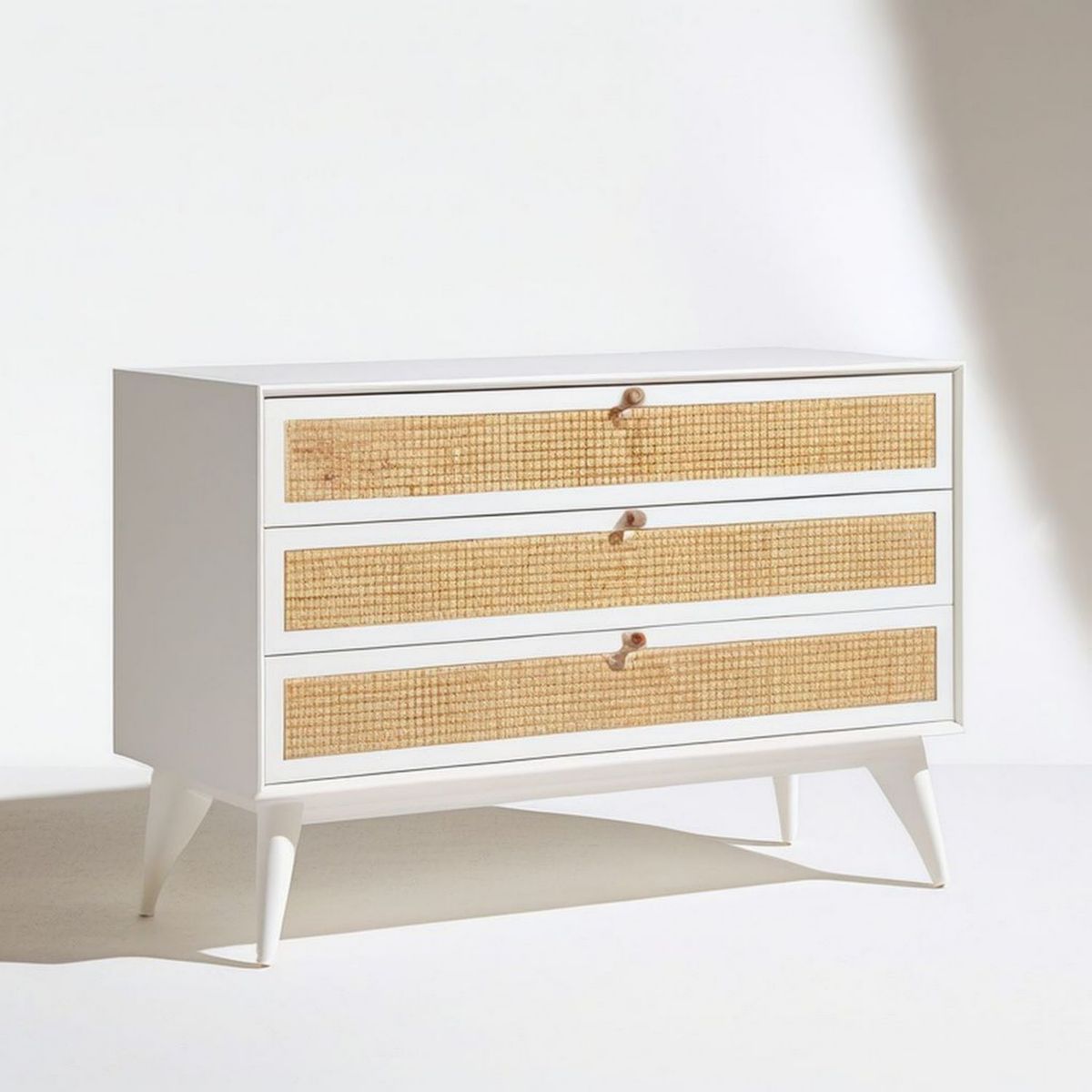 Kommode mit 3 Rattan-Schubladen, 80 x 40 x 80 cm, Weiss/Natur