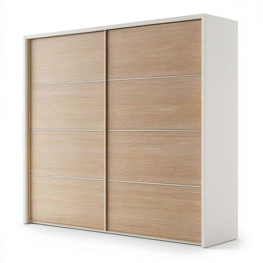 Schwebetürenschrank 200 x 60 x 220 cm in Weiss und heller Eichenoptik