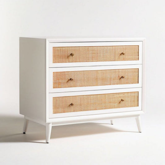 Kommode mit 3 Schubladen, 80 x 40 x 80 cm, Weiss/Natur, MDF und Rattan