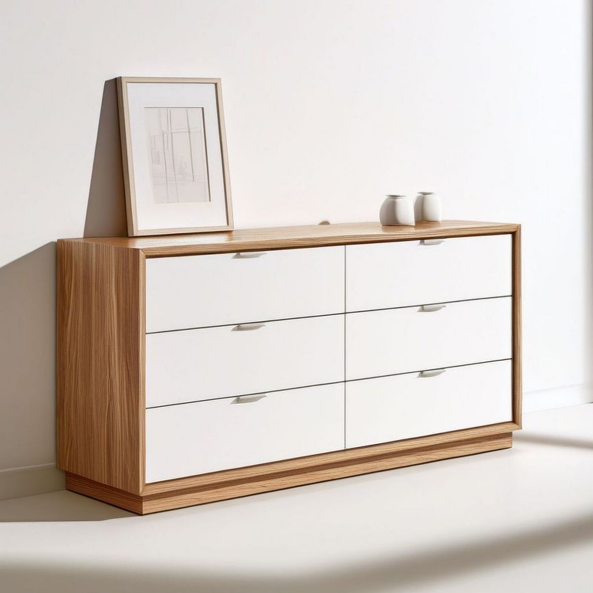 Kommode mit 6 Schubladen, 120 × 40 × 80 cm, Weiss/Eiche