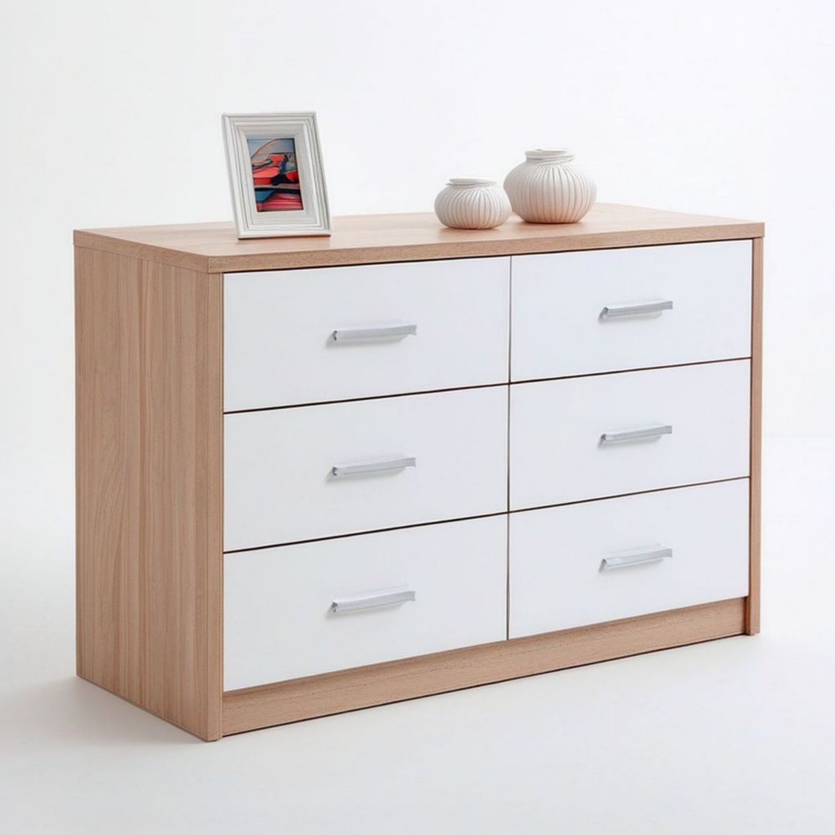 Kommode mit 6 Schubladen, 120 x 40 x 80 cm, Weiss/Eiche hell