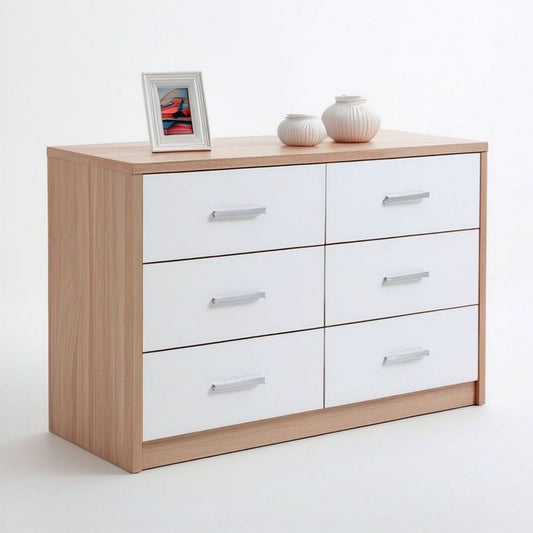 Kommode mit 6 Schubladen, 120 x 40 x 80 cm, Weiss/Eiche hell