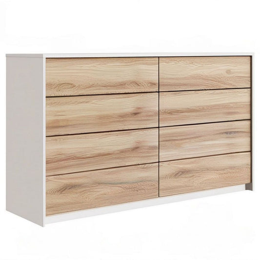 Kommode mit 8 Schubladen, 140 x 40 x 90 cm, Weiss und Eiche Natur